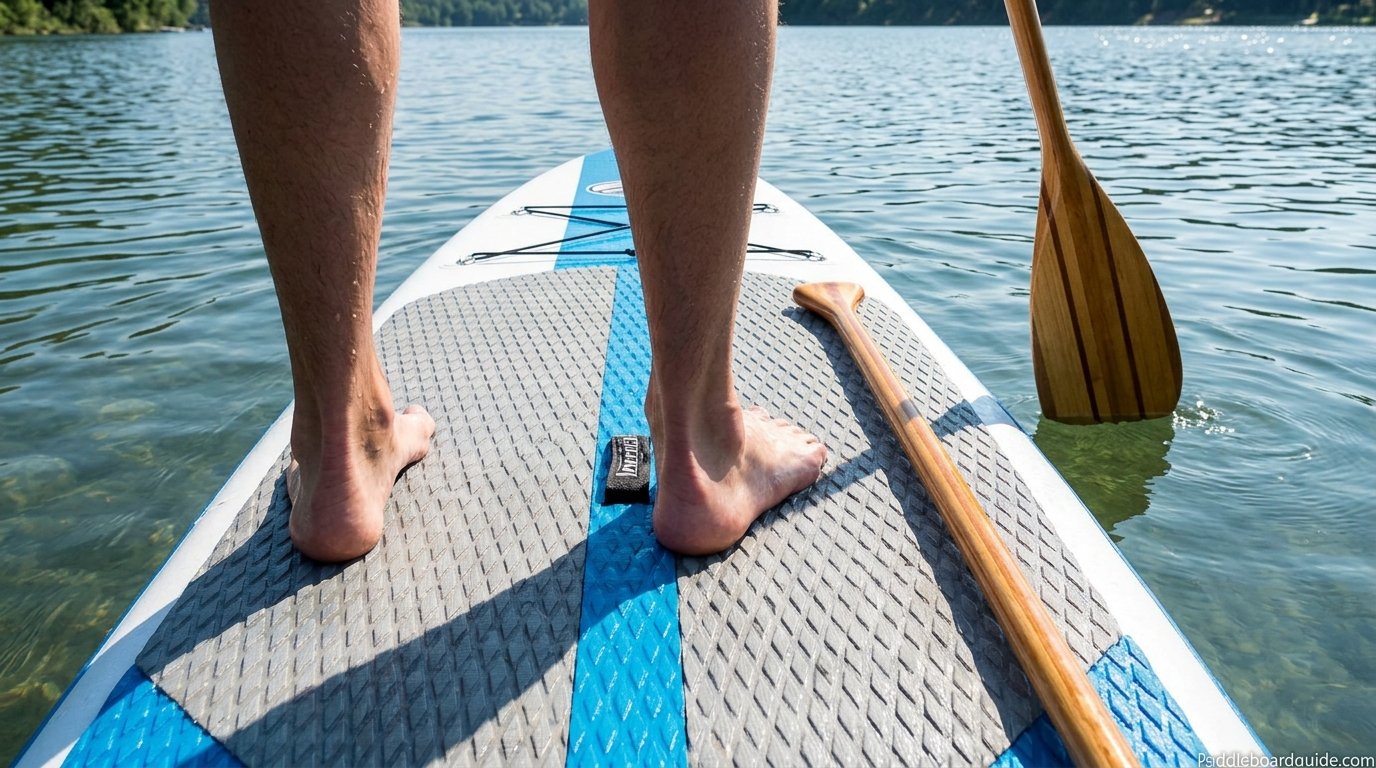 Close up of a paddler's feet on a stand up paddle board deck pad next to a canoe style paddle on the water