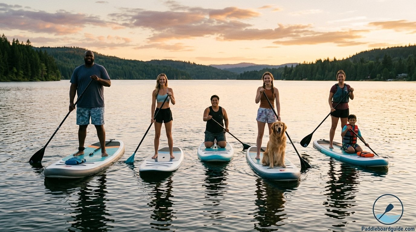 Group of paddle boarders of different sizes on the water demonstrating varying weight capacities