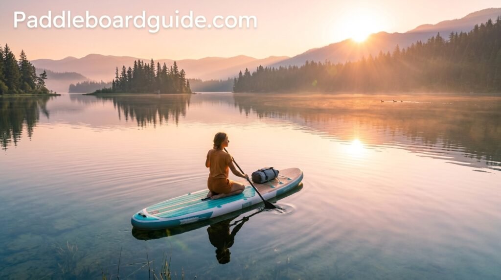 Inflatable paddle board on calm lake at sunrise