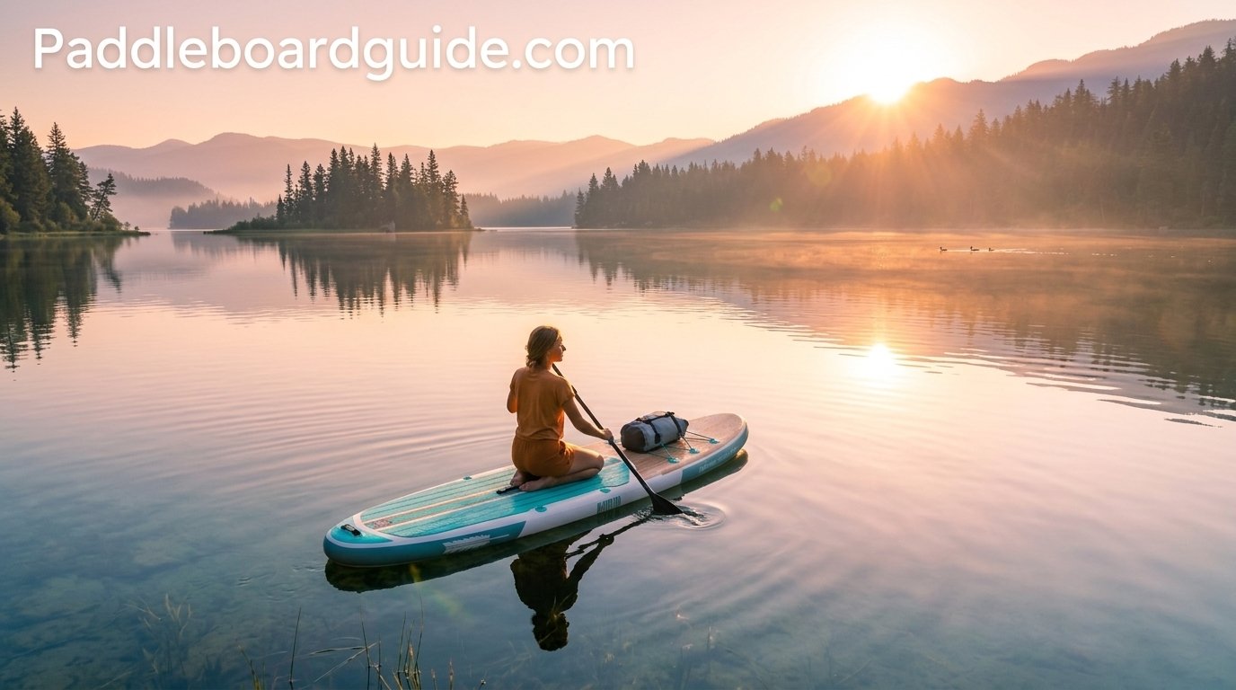 Inflatable paddle board on calm lake at sunrise