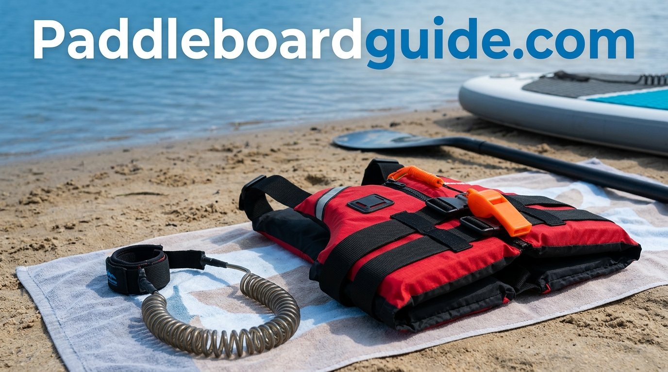Paddle board safety gear laid out including a PFD, whistle, and leash