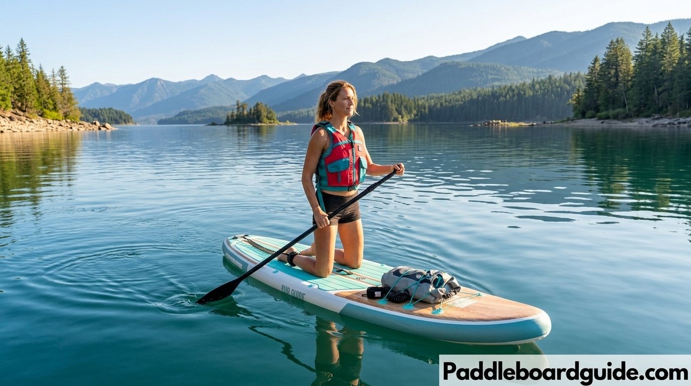 Paddle boarder wearing a life jacket and using a safety leash on calm water
