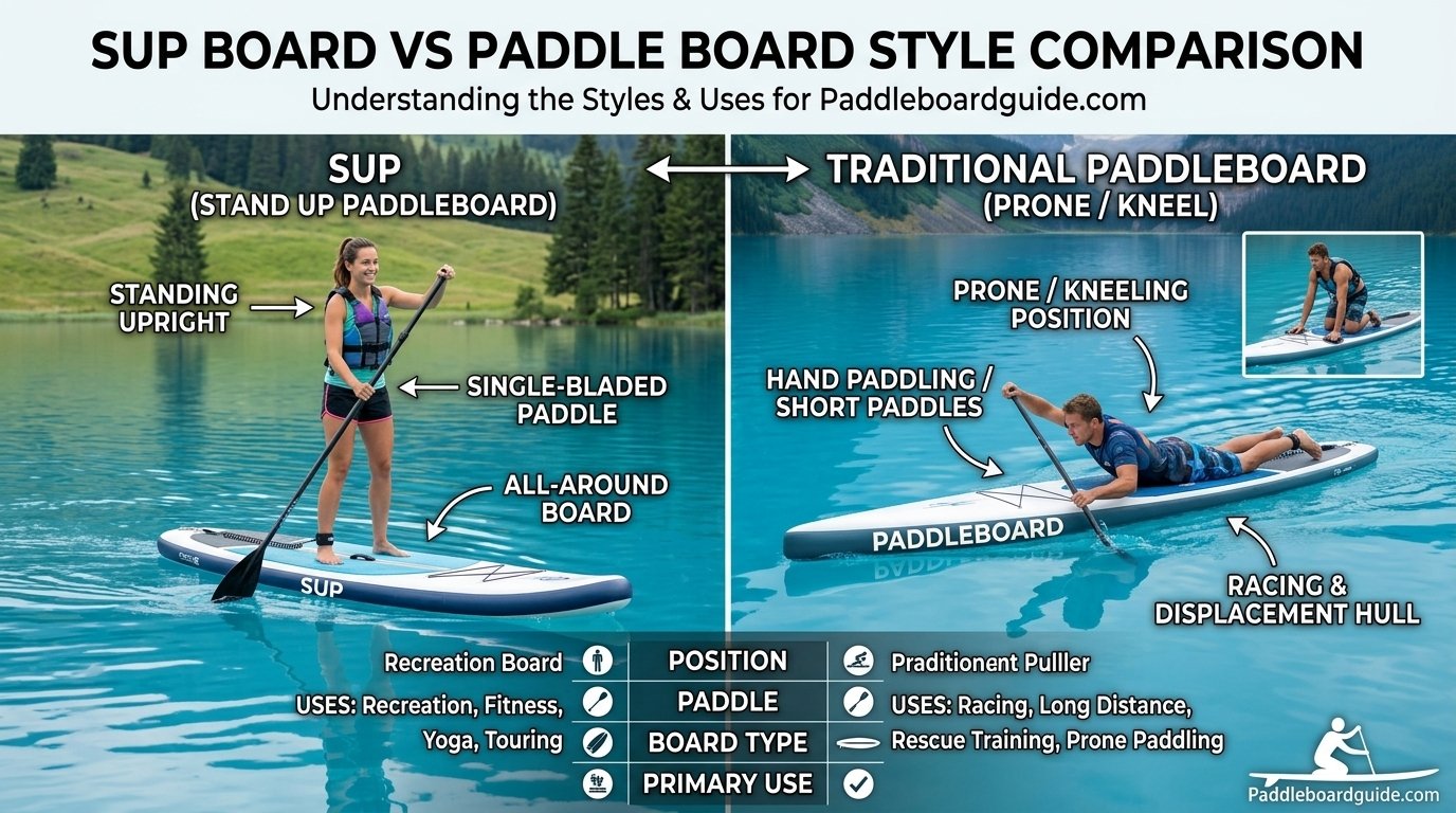 Paddler standing on a stand up paddle board on calm blue water comparing SUP board vs paddle board styles