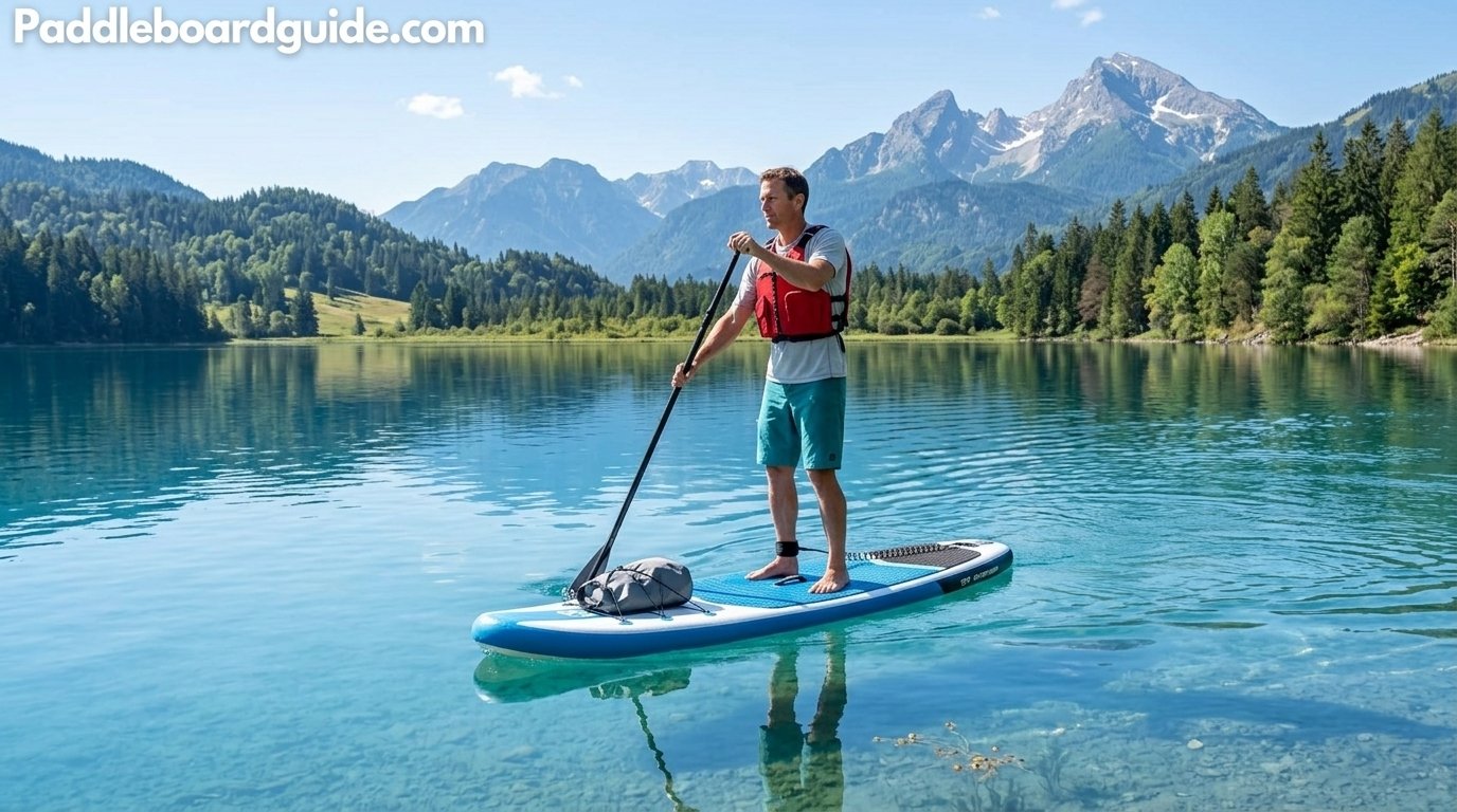 Paddler standing on a stand up paddle board on calm blue water
