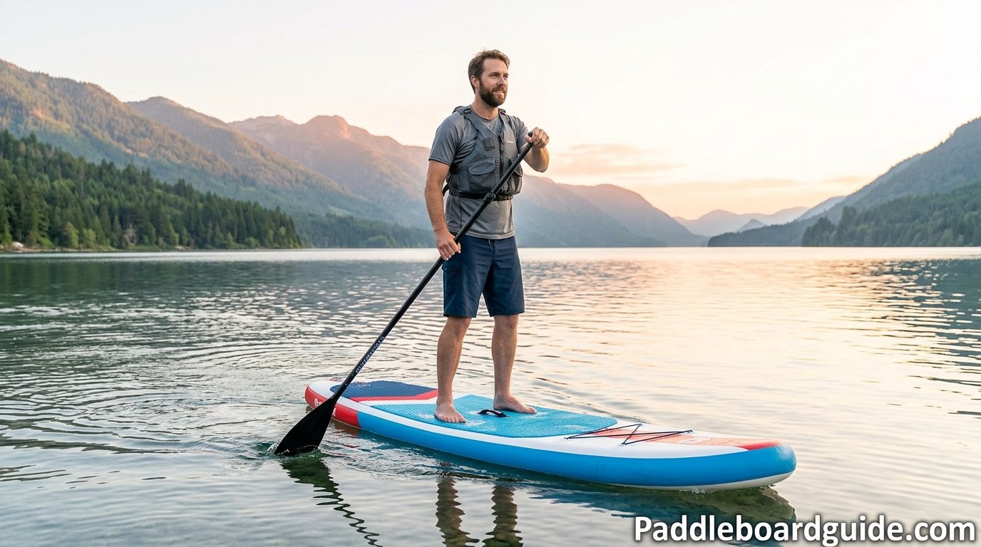 Paddler standing on an inflatable paddle board on calm water, illustrating paddle board weight capacity
