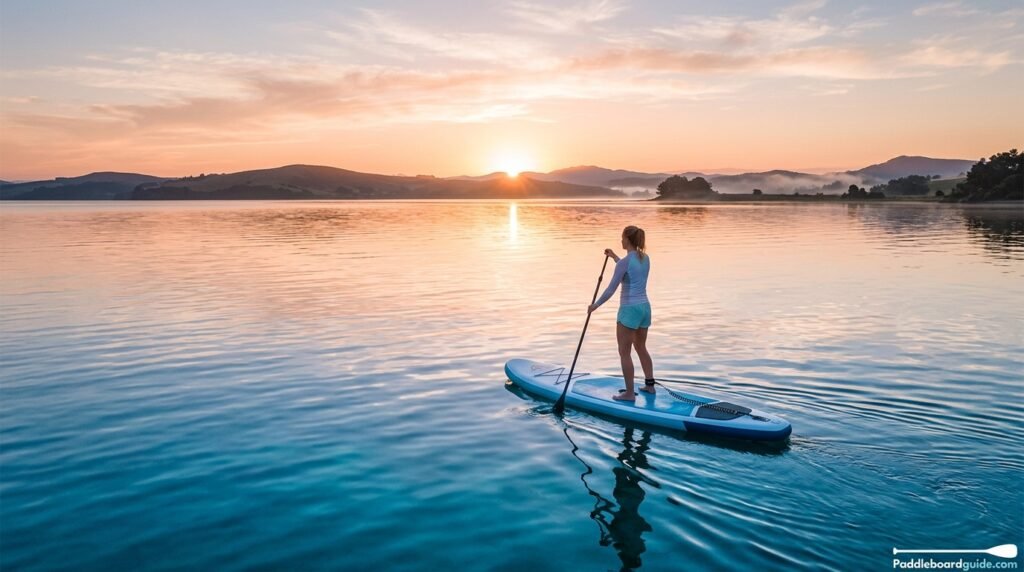 Person standing on a paddle board on calm blue water at sunrise