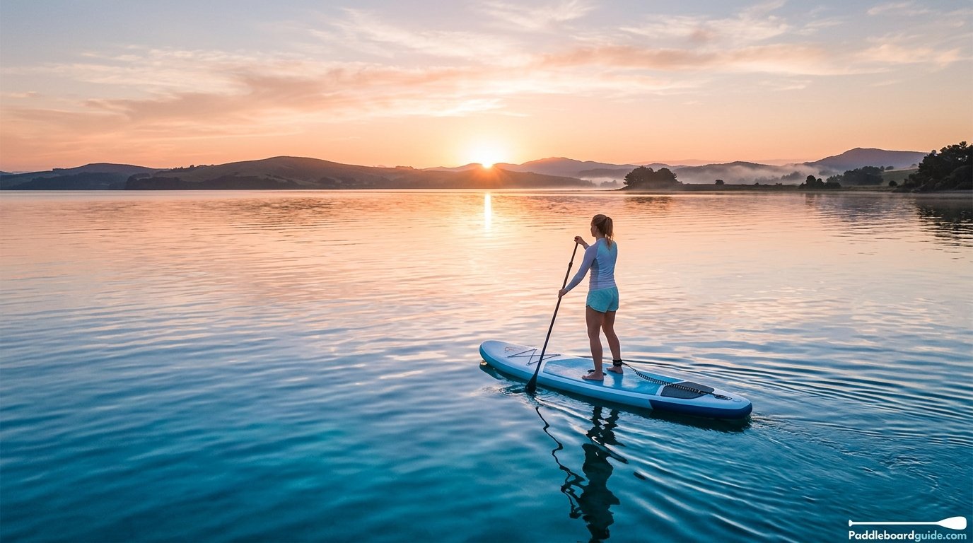 Person standing on a paddle board on calm blue water at sunrise