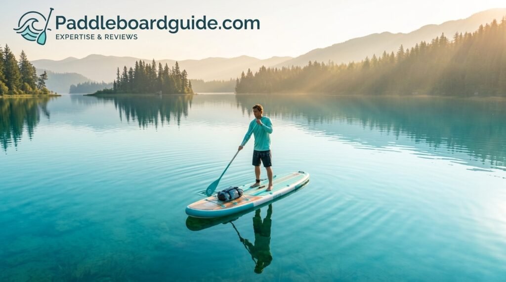 Stand up paddle boarder on calm turquoise water