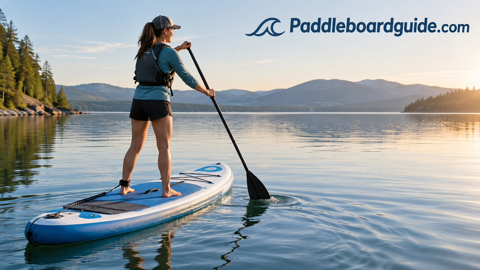 Beginner paddling an inflatable stand up paddle board on calm water
