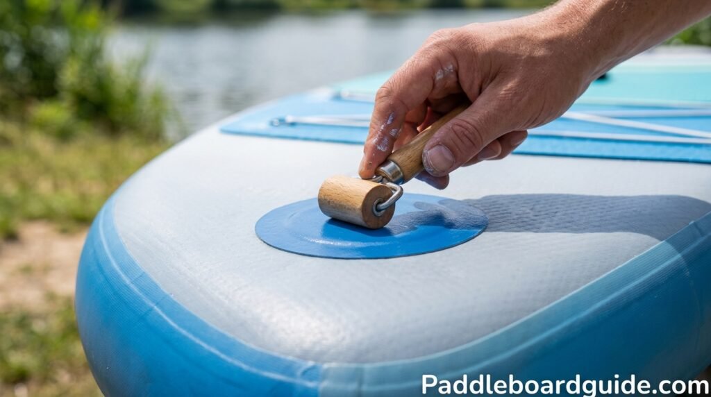 Close-up of a hand pressing a vinyl patch onto an inflatable paddle board