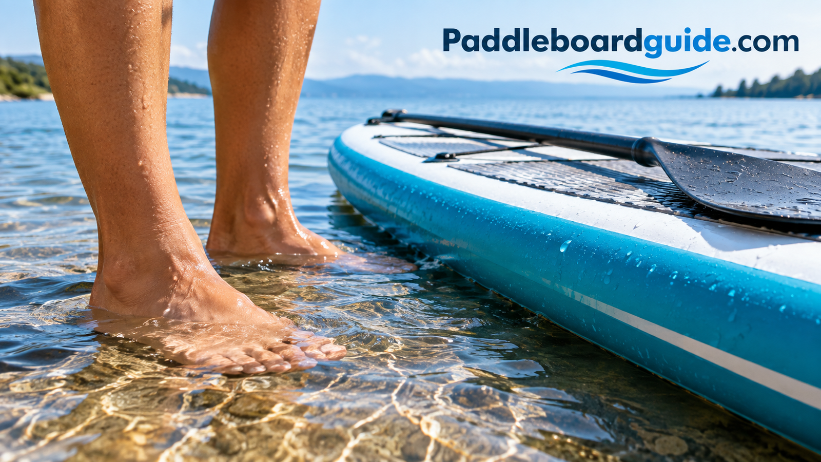 Close up of feet in shallow water next to a paddle board