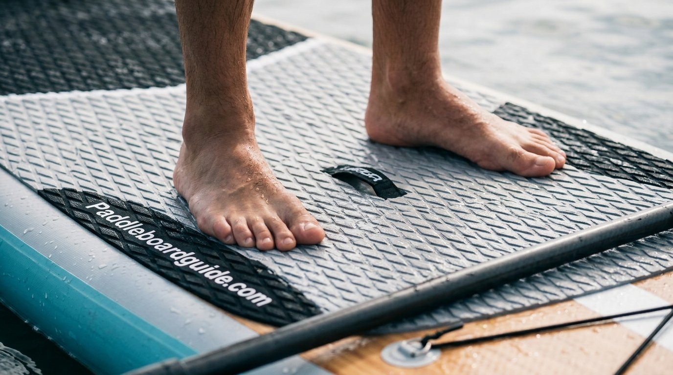 Close up of paddler's feet positioned on a paddle board deck pad