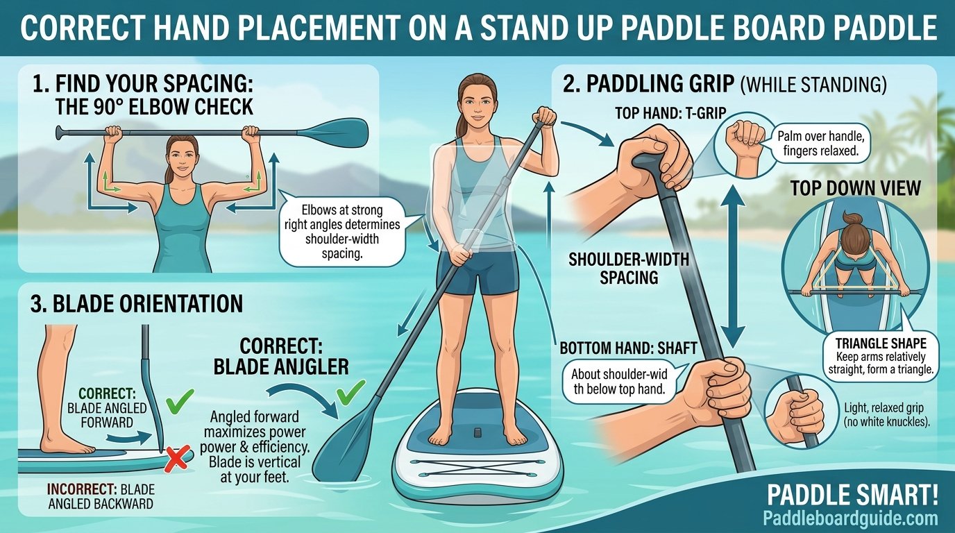 Correct hand placement on a stand up paddle board paddle