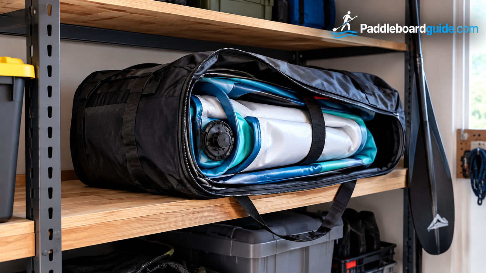 Deflated paddle board rolled up and placed inside a storage bag on a garage shelf