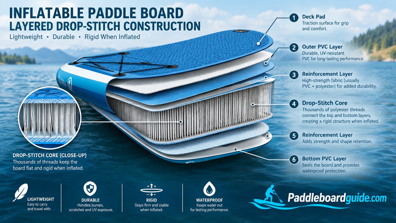 Diagram of an inflatable paddle board's layered drop-stitch construction