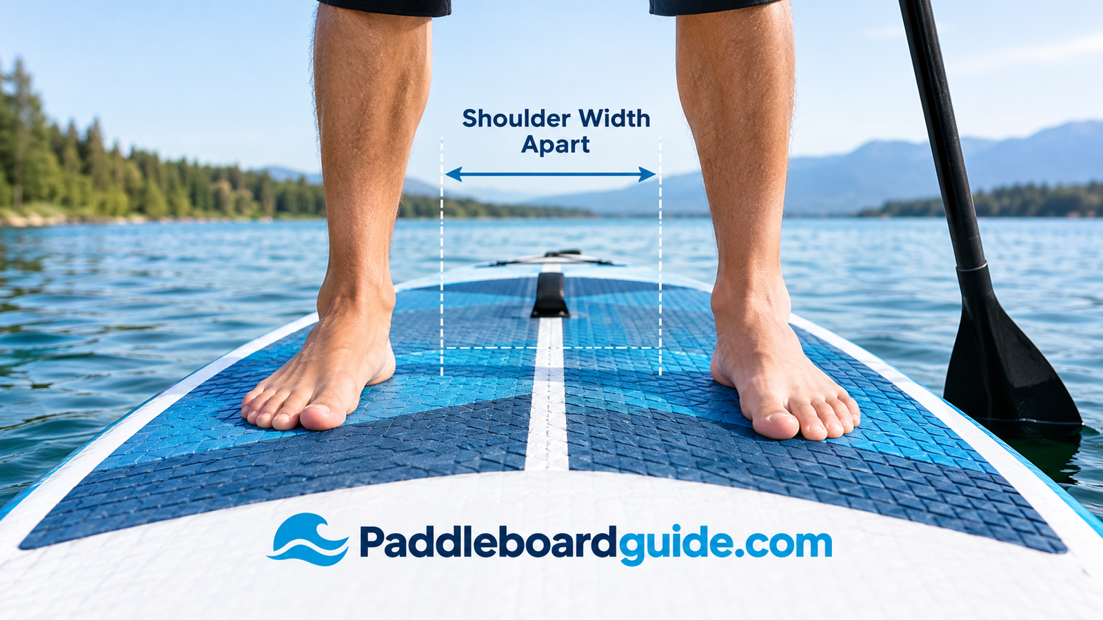 Feet positioned shoulder width apart on paddle board deck