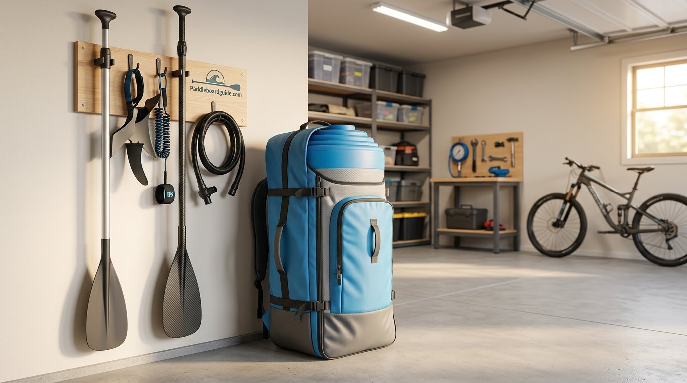 Inflatable paddle board rolled and stored in a garage next to a wall rack