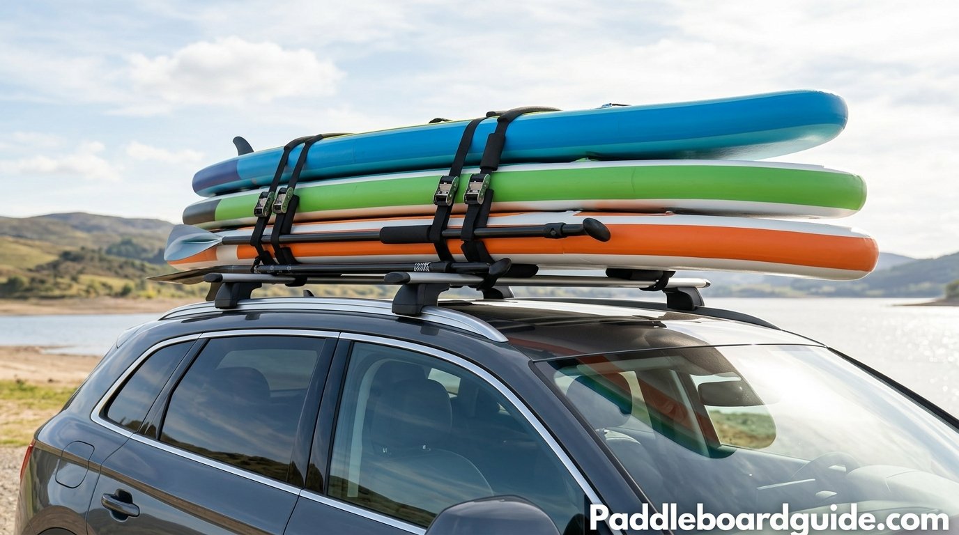 Multiple paddle boards secured on a roof rack with straps