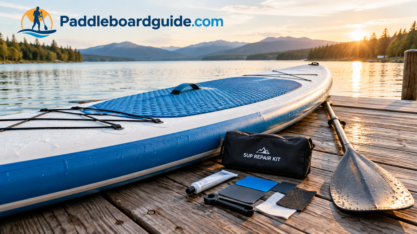 Paddle board lying on a dock with a repair kit beside it