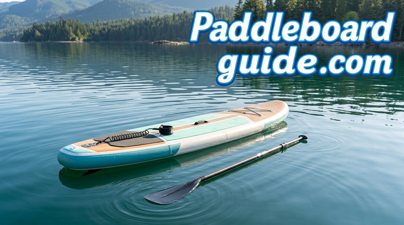 Paddle board paddle floating beside a stand up paddle board on calm water