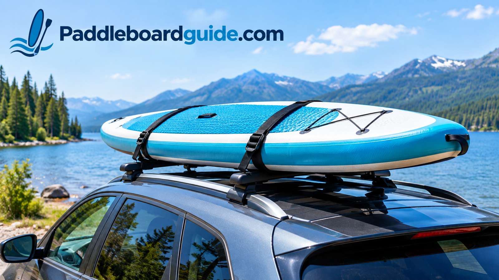 Paddle board strapped to a car roof rack ready for transport