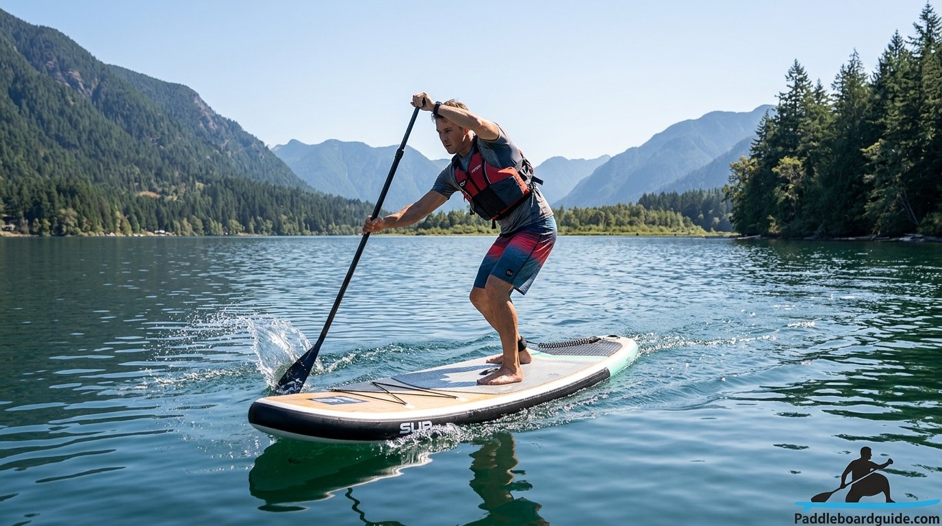 Paddler executing a sweep stroke turn on a paddle board