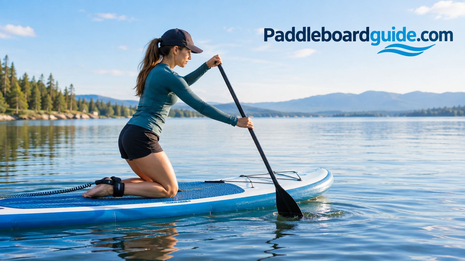 Paddler kneeling and taking practice strokes on flat water