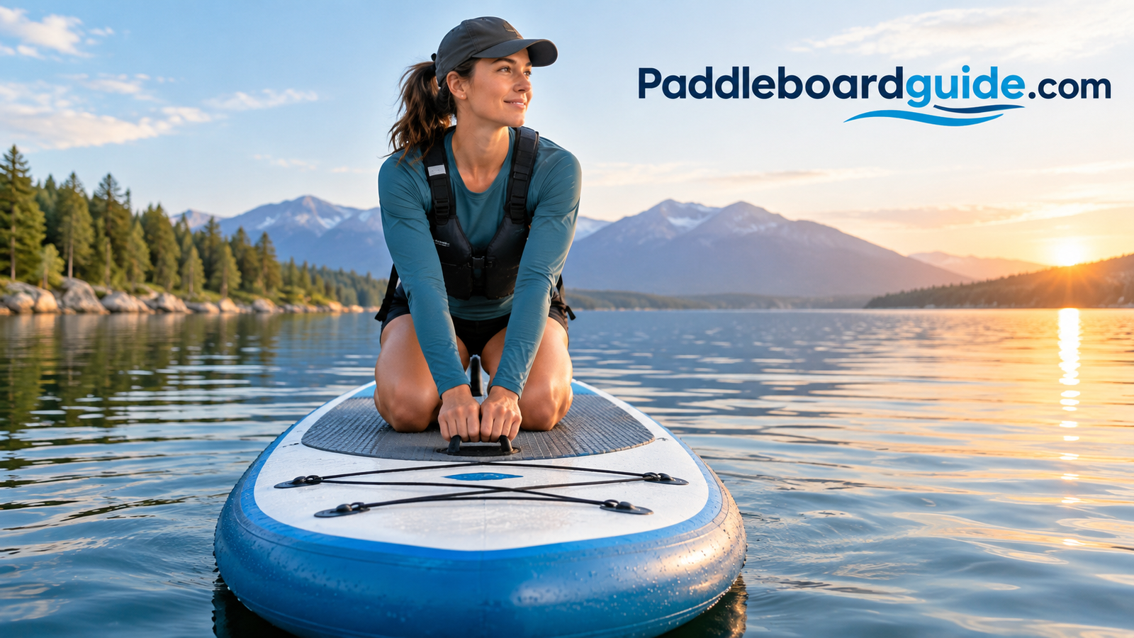 Paddler kneeling on paddle board at center handle