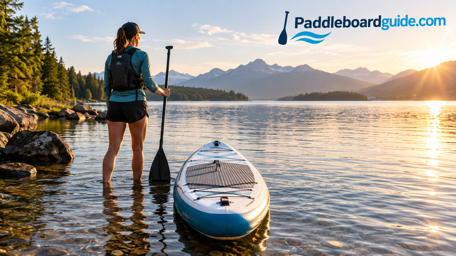 Paddler standing in shallow water beside their board before launching