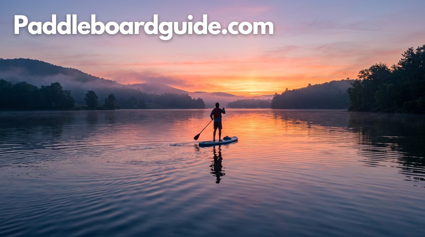 Person paddle boarding across a calm lake at sunrise