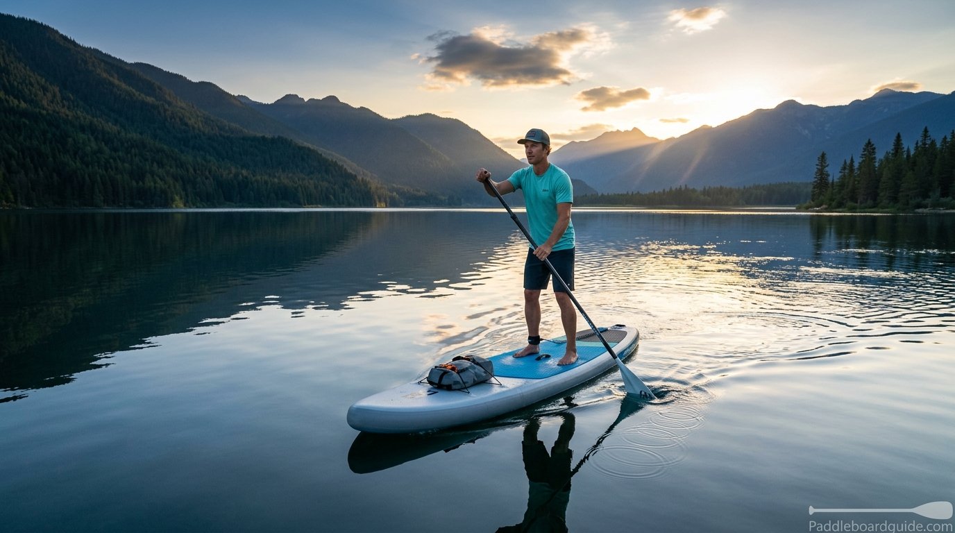 Person paddling on a stand up paddle board using a SUP paddle on calm water