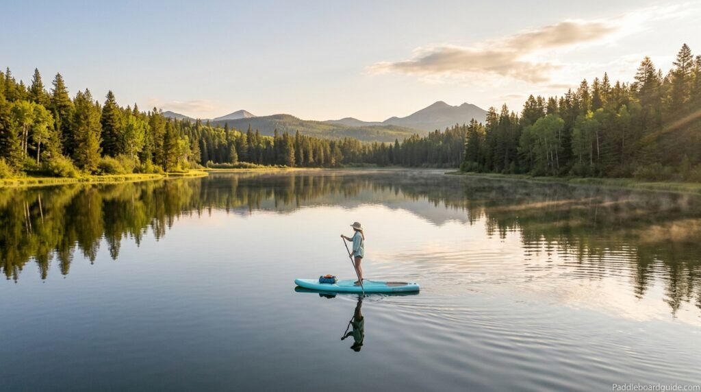 Stand up paddle board on a peaceful lake surrounded by nature